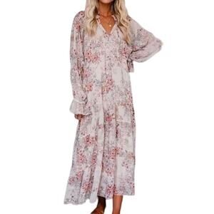 Vici x Fate Maxi Dress Women's Size Medium Beige Countryside Boho Floral Tiered